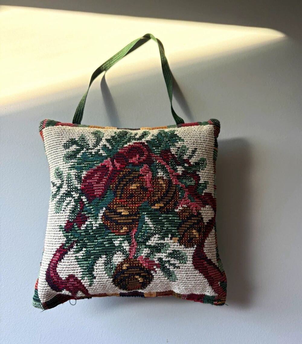 Christmas Bells Square Hanging Pillow Ornament, Multicolor w/ Green Ribbon Loop